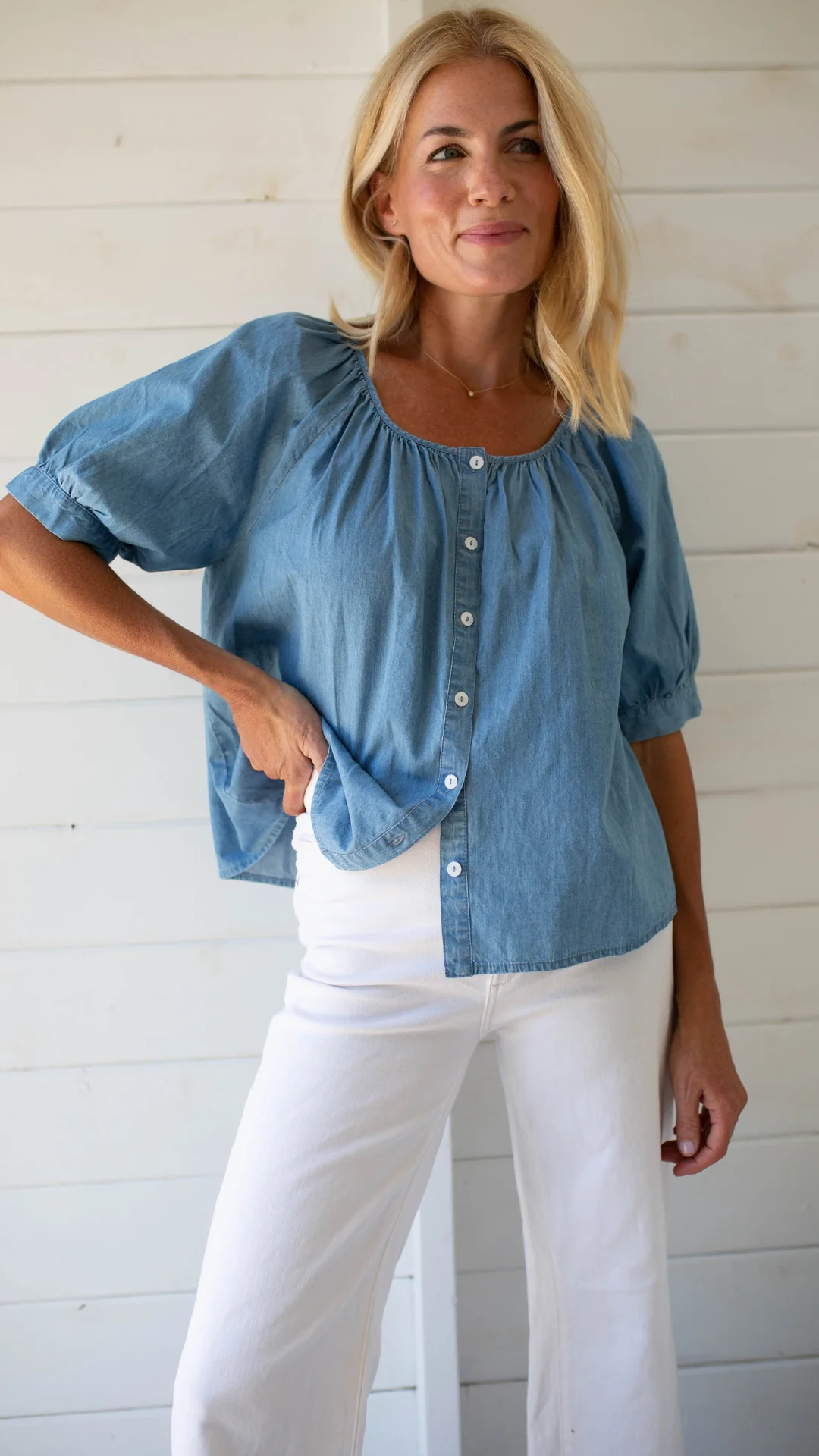 Everly Top: Washed Chambray