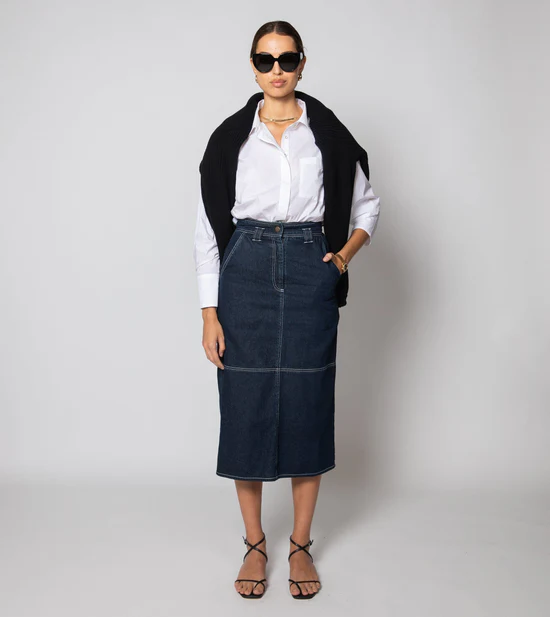 Sue Dark Denim Midi Skirt