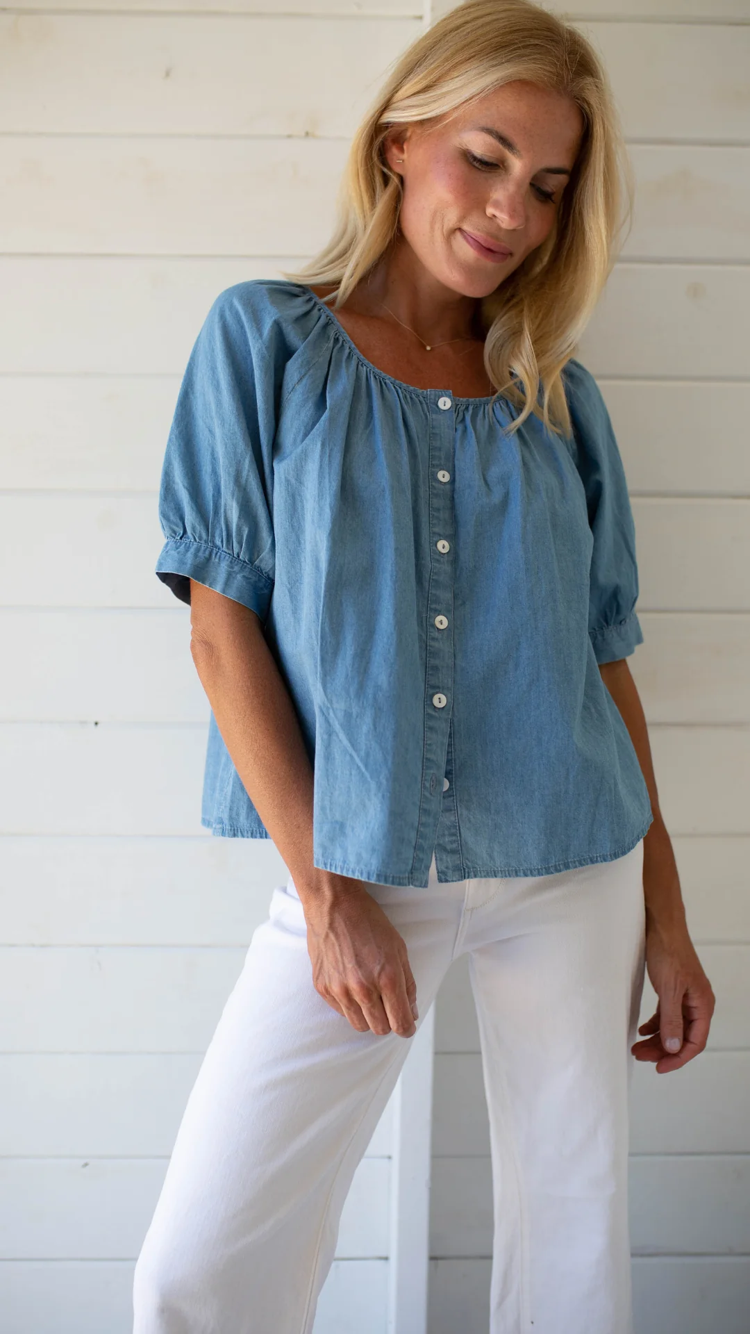 Everly Top: Washed Chambray